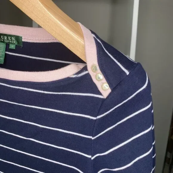 LRL Ralph Lauren Shirt Womens 1X Blue White Striped 3/4 Sleeve Cotton - Picture 3 of 6